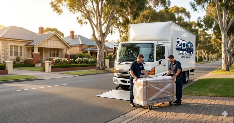 Branded ZQ Removals truck and crew preparing a wrapped item for a local Adelaide move.