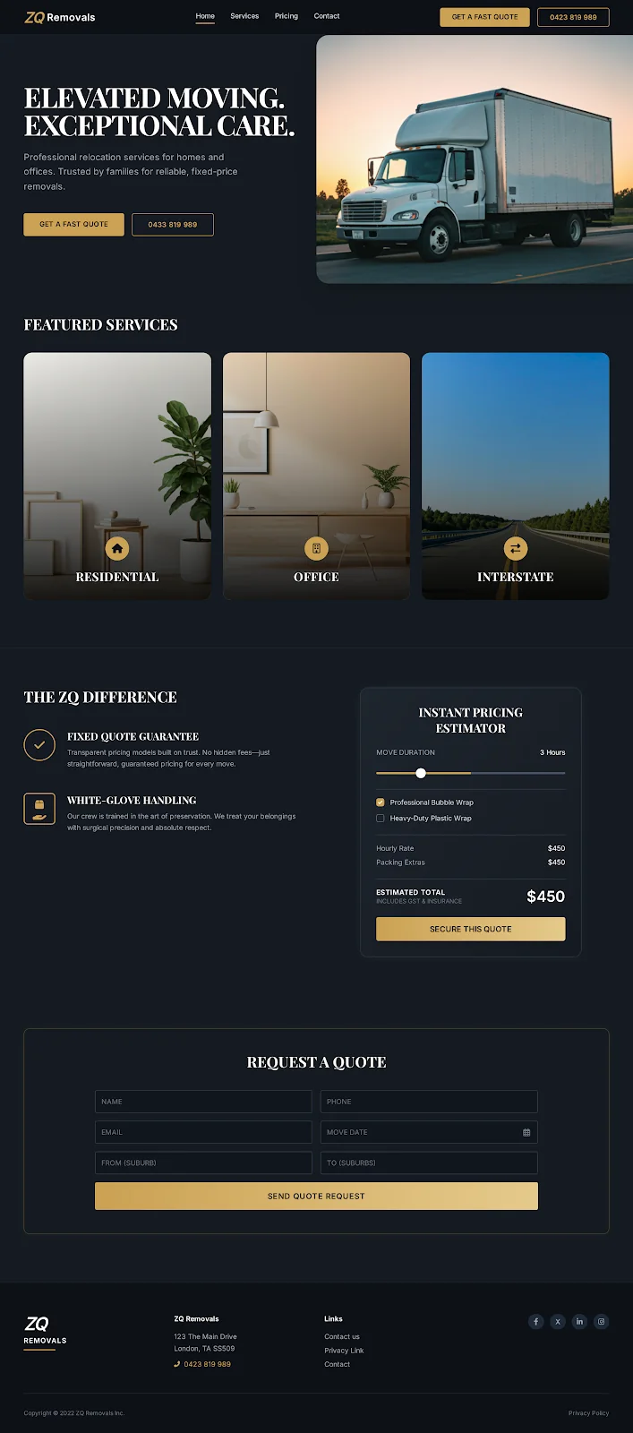 ZQ Removals quote interface showing services, pricing estimator, and a mobile request form