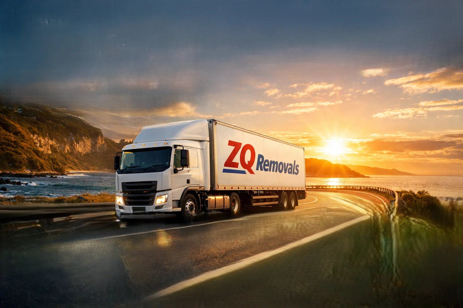 ZQ Removals truck driving along the coast at sunrise